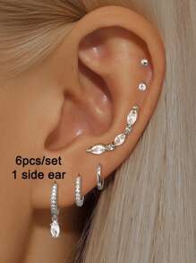 6Pcs One Side Ear Cubic Zirconia Dangle Earrings Set For Women Zirconia Hoop Earrings Fashion Jewelry - 6pcs/set - View 10