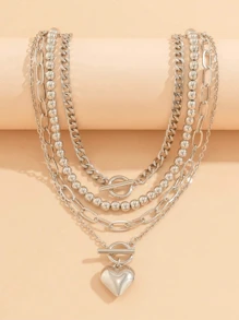 4 Pcs/Set Vintage Minimalist Geometric Chain Multi-Layer Necklace With Heart Pendant, Elegant Fashion Wedding Party Necklace Gift For Women - Necklace - View 5