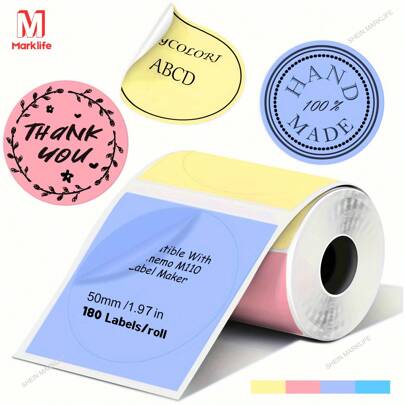  Etiquetas térmicas redondas Marklife de 2 pulgadas (50 mm) - 180 hojas/rollo, papel térmico autoadhesivo directo, adecuado para impresoras P15/M1/D100/M110/M220, etiquetas redondas para etiquetas de agradecimiento al cliente, latas de alimentos y embalaje de regalos, 4 colores