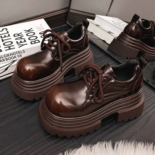 Comfortable Cute Loafers Vintage Round Toe Thick Sole Burnished Finish Brown Leather Shoes