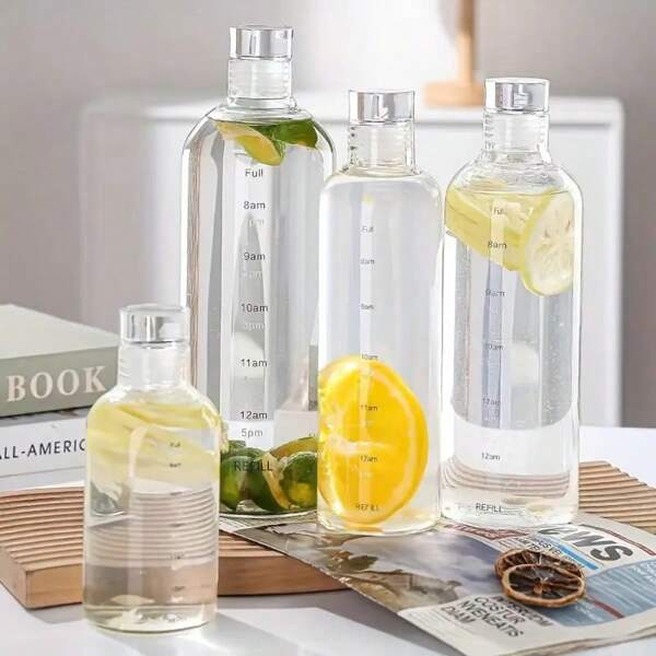 1 pieza Botella de agua de vidrio borosilicatado con marcas de tiempo, a prueba de fugas, apta para actividades al aire libre - Lavable a máquina, disponible en 350ml/500ml/750ml/1000ml