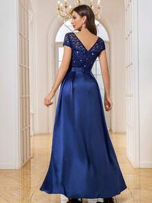 MIUSOL Vestido de fiesta formal largo con volantes, bloque de color, encaje con lentejuelas y satén para boda y primavera - Azul Marino - Ver 3