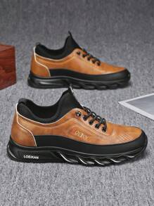 Round Toe Lace-Up Comfortable Non-Slip Leather Formal Shoes Suitable For Business Meetings, Outdoor Walking, Casual Wear, Fashionable And Versatile Low-Top Casual Sneakers, Non-Slip Low-Top Work Boots, Fashionable And Versatile Casual Shoes For Men - Brown - View 5