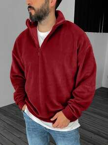 Men's Simple Casual Stand Collar Half Zip Sweatshirt - Red - View 1