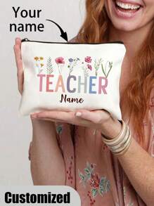 1 pièce Sac de maquillage personnalisé avec lettres d'enseignant et motif floral, sac à crayons avec nom personnalisé. Pochette de rangement de toilette de voyage. Cadeau pour enseignant
