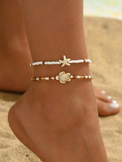 2pcs/Set Bohemian Beaded Anklet In Goldtone, Fashion Ocean Creature Design Foot Jewelry Suitable For Daily Wear And Beach Vacation