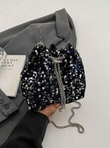 1pc Chain Drawstring Closure PVC Glitter Bucket Bag With Metal & Pearl Decor, Bling Glam Women Fashion Evening Party Shoulder Crossbody Cosmetic Clutch Gift