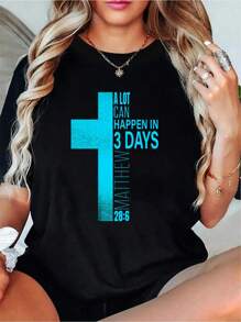 Christian Easter A Lot Can Happen In 3 Days Blue Teal Cross T-Shirt Cotton Printed T-Shirt For Summer, Soft Wo's Short Sleeve Top, Fashionable And Comfortable Graphic Tee