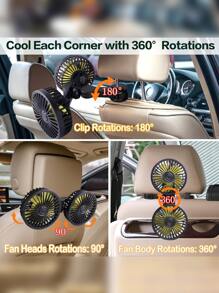 1 pièce Ventilateur de voiture, ventilateur de voiture à double tête USB, réglable sur 3 vitesses et rotatif à 360°, ventilateur de siège arrière de voiture, ventilateur arrière à double tête, fournissant une brise fraîche, une circulation d'air et de la fraîcheur, installation facile, design compact, convient pour les voitures, SUV, camions, camping-cars, berlines, également un excellent cadeau pour la famille et les amis