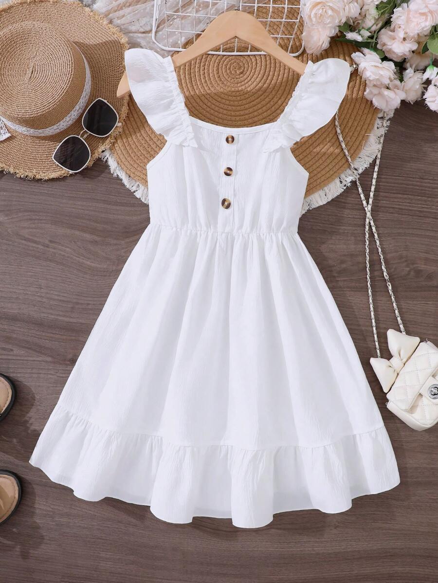 Tween Girls White Ruffle Hem Splice Elegant Dress, Spring/Summer