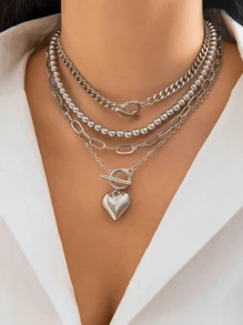 4 Pcs/Set Vintage Minimalist Geometric Chain Multi-Layer Necklace With Heart Pendant, Elegant Fashion Wedding Party Necklace Gift For Women - Necklace - View 12