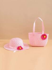 2pcs/Set Girls Flower Bucket Hat & Flower Bag, Suitable For Girls Spring And Summer Outings, Vacation Matching, Everyday Wear, Sun Protection - Pink - View 1