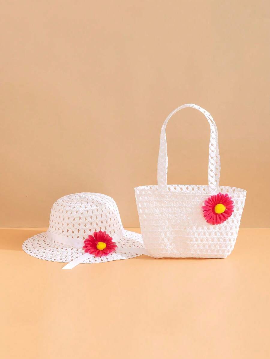 2pcs/Set Girls Floral Bucket Hat & Floral Bag, Suitable For Girls Outings & Trips In Spring/Summer, Also Suitable For Daily Outdoor Wear & Sun Ion - White - View 1