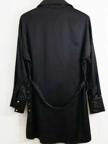 Camisa larga de poliéster para mujer, casual, cómoda y clásica, adecuada para uso diario. - Negro - Ver 2