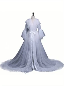 Women Summer Kimono Dress, Sheer Tulle V-Neck Long Flare Sleeves Floor-Length Night-Robe Lingerie, 4 Colors - 白色 - 查看 2