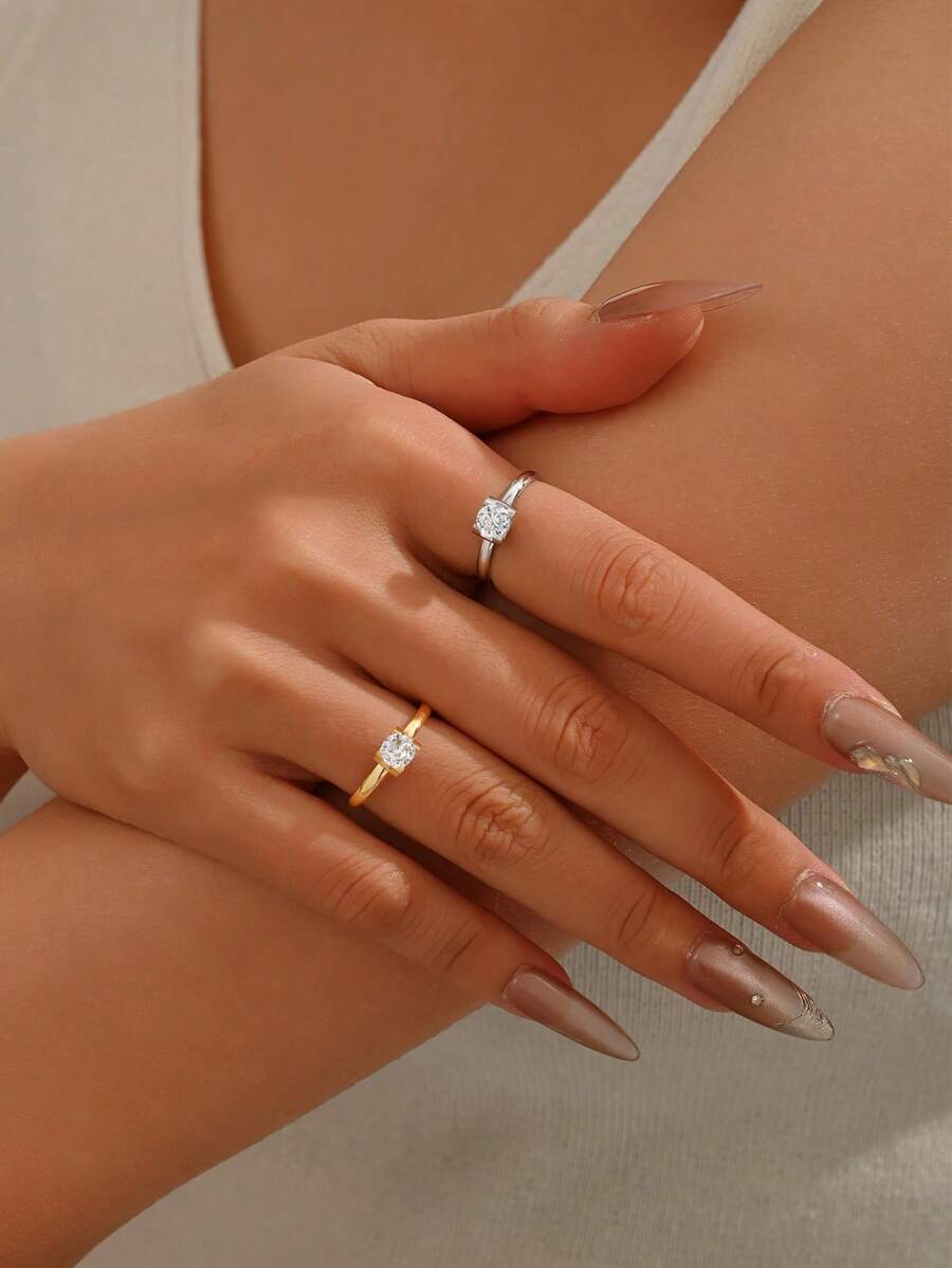 1 件 18K 镀金华丽风格不锈钢方晶锆石戒指女士珠宝婚礼派对约会礼物