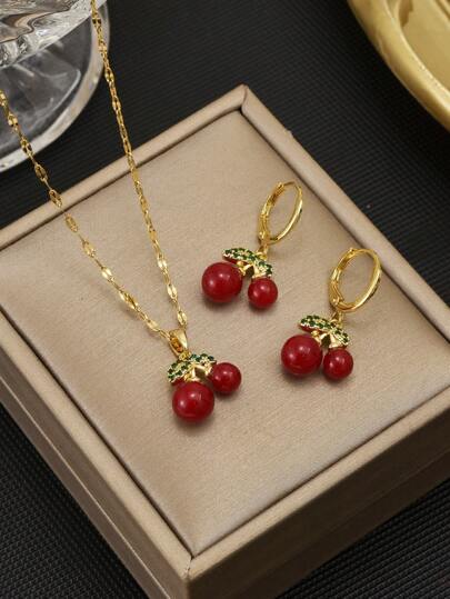 3件套奢华不锈钢樱桃图案项链和耳环套装，适合女士