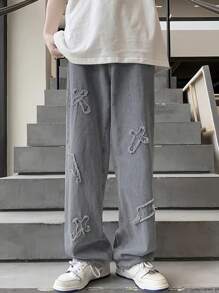 Men's Distressed Lightning Embroidered Grey Denim Jeans