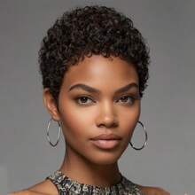 女士短卷发假发 - 采用秘鲁 Remy 真人发丝制成，蓬松的非洲纹理卷发，无胶全蕾丝假发，自然波浪，适合日常佩戴和嘉年华活动