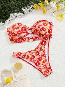 2 件套女式花卉印花无肩带比基尼套装，带金属环装饰，百搭简约休闲海滩、派对、度假泳装，适合夏季度假 - 彩色 - 查看 3