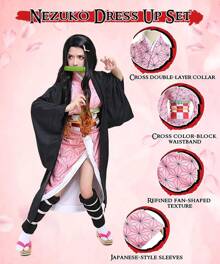 Cosplay de Nezuko Tanjirou, ensemble de costumes Nezuko Tanjirou Kochou Shinobu Mitsuri, ensemble de cape kimono, cadeau pour enfants, costume de Nezuko Tanjiro pour le carnaval Halloween Noël - Rose bonbon - Voir 3