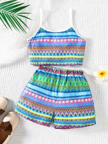 Conjunto de 2 piezas informal de verano para niña de 8 a 12 años, top de tirantes con onda y pantalones cortos de playa, adecuado para vacaciones casuales