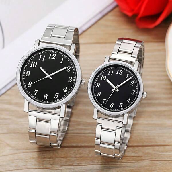 2pcs Set Couple's Watch Simple Digital Circular Silver Steel Strap Fashionable Watch For Women And Men Suitable For Daily Wear As An Ideal Gift For Parents