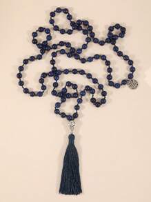 108 Mala Beaded Tassel Necklace Lapis Lazuli Meditation Yoga Jewelry Women Bohemian Necklace With Tree Of Life Pendant