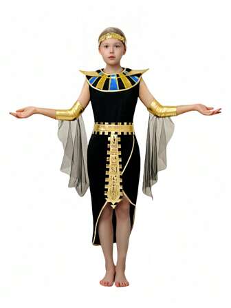 女孩 5 件套埃及公主装 - 包括连衣裙、头饰、项链、臂章、腰带，适合万圣节、生日派对、舞台表演