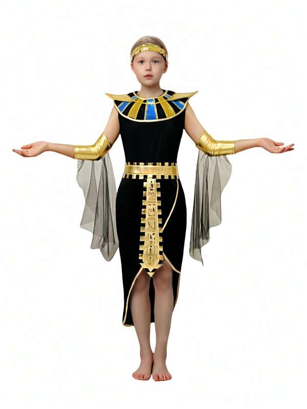 Set di 5 pezzi da principessa egizia per bambine - include abito, copricapo, collana, bracciali e cintura in vita, adatto per Ognissanti, feste di compleanno, esibizioni sul palco