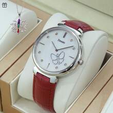 Deesio 女士 34 毫米不锈钢石英表，时尚优雅简约皮革表带，适合作为返校礼物 - 紅色 - 查看 1