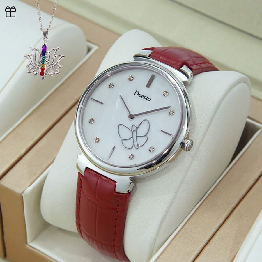 Deesio 女士 34 毫米不锈钢石英表，时尚优雅简约皮革表带，适合作为返校礼物 - 紅色 - 查看 1