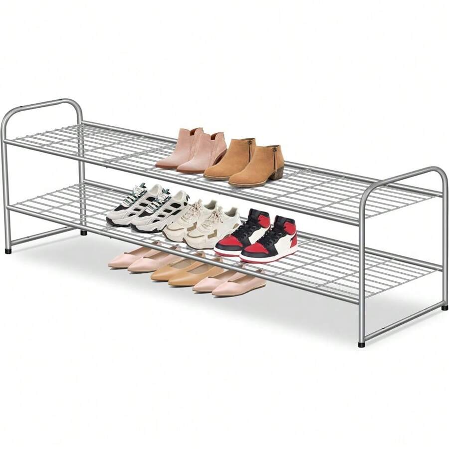 Serene Studio  Long 2 Tier Shoe Rack For Closet Metal Wide Stackable Shoe Storage Organizer For Entryway, Bedroom, Floor, 18-Pairs Low Shoe Shelf, - Grey - View 1