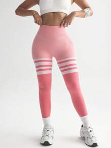 Spring Summer Pink Color Block Seamless Yoga Pants For Women, High-Waisted Outdoor Workout Leggings, Pink Athletic Pants For Biking, Hiking, Climbing, Running.