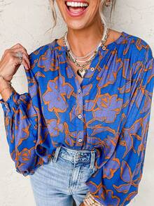 Acelitt 蓝色碎花蝙蝠袖纽扣宽松衬衫