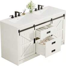 61" Farmhouse Double Bathroom Vanity With Dual Sinks - Storage Cabinet With Sliding Barn Doors & Drawers, Large Vanity Sink Combo Set - White - View 9