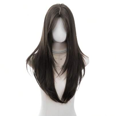 1 件合成耐热直发假发棕色，中等刘海，假发长 28 英寸，由纤维制成，适合日常使用，自然逼真的假发（不包括配件）