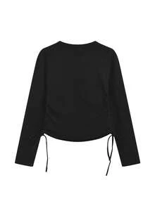 早春韩版修身圆领抽绳设计百搭长袖T恤女 - 黑色 - 查看 4