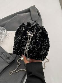 1pc Chain Drawstring Closure PVC Glitter Bucket Bag With Metal & Pearl Decor, Bling Glam Women Fashion Evening Party Shoulder Crossbody Cosmetic Clutch Gift