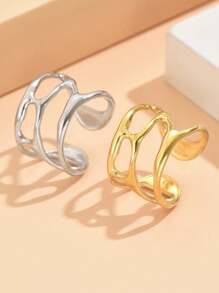 1pc Fashion Asymmetrical Hollow Liquidic Opening Stainless Steel Adjustable Ring, 18K Gold Vacuum Plated, Non-Fading Jewelry For Women, Party Wear