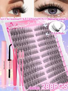 288 件自然 D 卷猫眼单根睫毛簇，8-16 毫米左+右，可配对单簇，自然纤细、超柔软、超轻 DIY 睫毛延长套装，带化妆工具粘合和密封、睫毛镊子和睫毛刷，适合初学者居家使用、日常生活、礼品套装和春季睫毛簇套装、睫毛、睫毛、假睫毛 - 黑色 - 查看 7