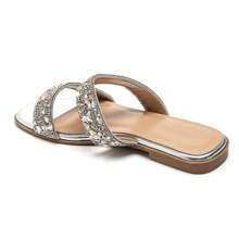 Rhinestone Decor Double Strap Flat Slide Sandals - Silver - View 3