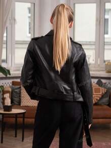 Solid Color Women's Short Jacket With Belt, Zipper Design On The Arms, Motorcycle Cool Style, Retro Fashion