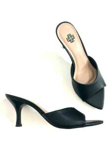 Tamanco Feminino Bico Folha Liso Preto Moda Sandália Mulher Salto Médio