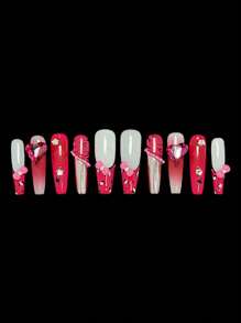 Y2K 10PCS Handmade Press On Nails Long Coffin Shape, 3D Heart Rhinestones & Leopard French Design, DIY Glue On False Nails For Women, Perfect For Daily, Party, Prom, Wedding