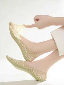 1/5 双女士船袜夏季拖鞋防滑透气蕾丝花边隐形袜防滑凉爽薄款袜子时尚袜子 - 彩色 - 查看 7