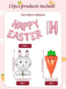 15-delige Happy Easter-ballonnenset, inclusief 16-inch letterballonnen, konijnen- en wortelfolieballonnen, geschikt voor paasdecoratie, paasthema, verjaardagsfeestdecoratie, lentefeestthema