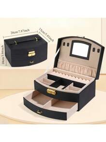 1pc Elegant Fan-Shaped 2-Layer Faux Leather Jewelry Box With Lock, Makeup Mirror, Large Capacity Dual-Option Necklace, Earring, Ring Storage, Soft Drawer, Ideal Gift For Women And Girls