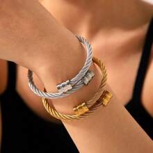 1 pieza Brazalete de acero inoxidable de moda tipo abierto, brazalete tipo bangle envuelto, accesorio de pareja vintage punk