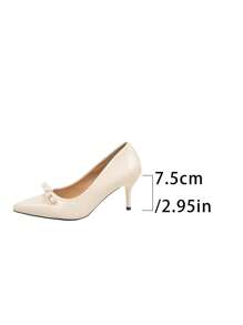 Scarpe da donna con tacco alto e punta affusolata, eleganti e formali per abiti, scarpe da cerimonia con fiocco e tacco basso, beige